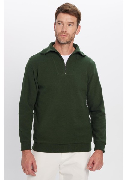 Relax Fit Rahat Kesim Fitilli Desenli Pamuklu Yarım Fermuarlı yeşil Dik Yaka Sweatshirt indirimleri