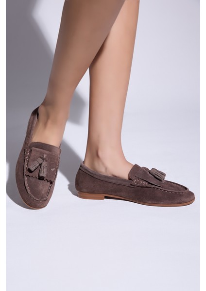 Maya Hakiki Deri Kadın Loafer - Kahverengi Süet
