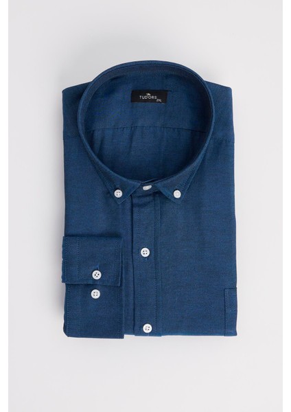 Erkek Big Size Büyük Beden Pamuklu Kolay Ütü Lacivert Düğmeli Yaka Gömlek