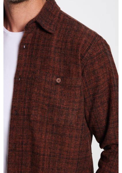 Erkek Klasik Fit Normal Kesim Oduncu Tek Cepli Armürlü Kışlık Kahverengi Gömlek modelleri