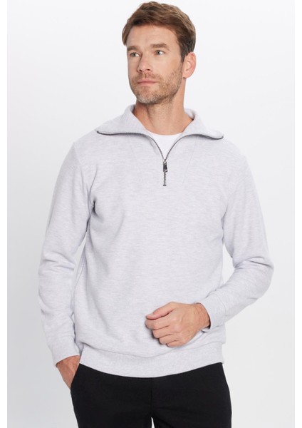 Relax Fit Rahat Kesim Fitilli Desenli Pamuklu Yarım Fermuarlı Gri Dik Yaka Sweatshirt