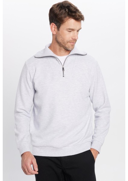 Relax Fit Rahat Kesim Fitilli Desenli Pamuklu Yarım Fermuarlı Gri Dik Yaka Sweatshirt