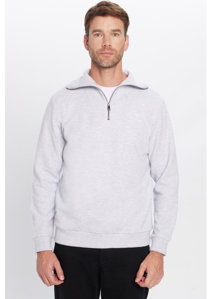 Relax Fit Rahat Kesim Fitilli Desenli Pamuklu Yarım Fermuarlı Gri Dik Yaka Sweatshirt