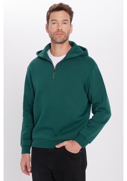 Relax Fit Rahat Kesim Pamuklu Içi Polarlı Yarım Fermuarlı Haki Kapüşonlu Sweatshirt