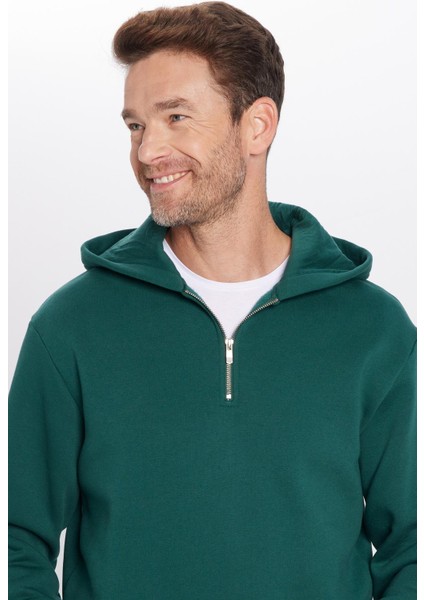 Relax Fit Rahat Kesim Pamuklu Içi Polarlı Yarım Fermuarlı Haki Kapüşonlu Sweatshirt