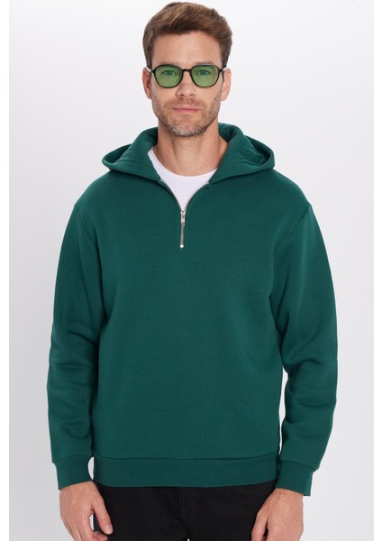 Relax Fit Rahat Kesim Pamuklu Içi Polarlı Yarım Fermuarlı Haki Kapüşonlu Sweatshirt