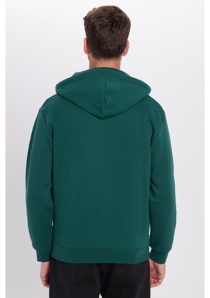Relax Fit Rahat Kesim Pamuklu Içi Polarlı Yarım Fermuarlı Haki Kapüşonlu Sweatshirt