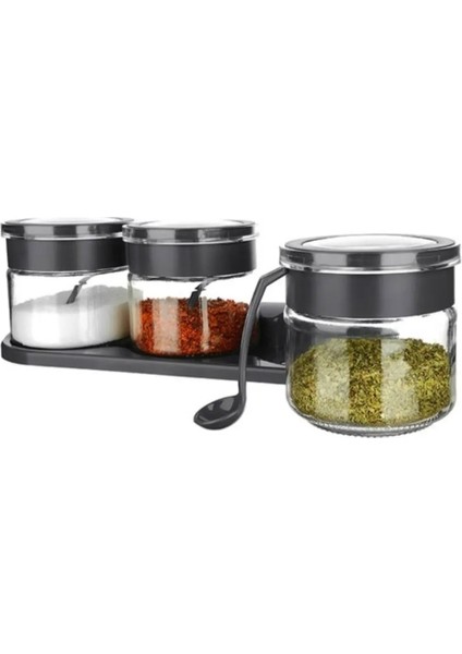 Titiz Plastik 3'Lü Standlı Antrasit Kaşıklı Baharat Seti
