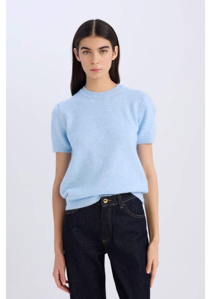 Regular Fit Bisiklet Yaka Basic Düz Triko Kısa Kollu Tişört Kazak E3214AX24WN