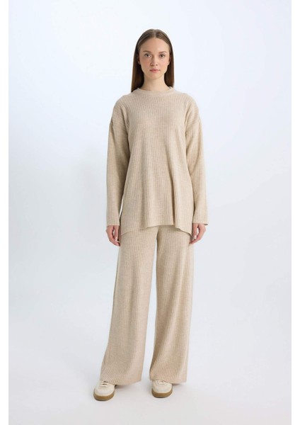 Relax Fit Bisiklet Yaka Basic Düz Triko Tunik Kazak E2938AX24WN
