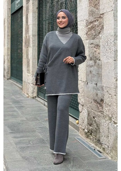 Kimono Pantolon Ikili Triko Takım 12154 Gri