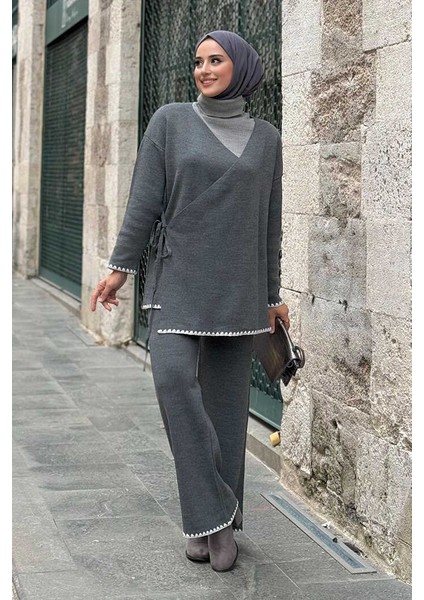 Kimono Pantolon Ikili Triko Takım 12154 Gri modelleri