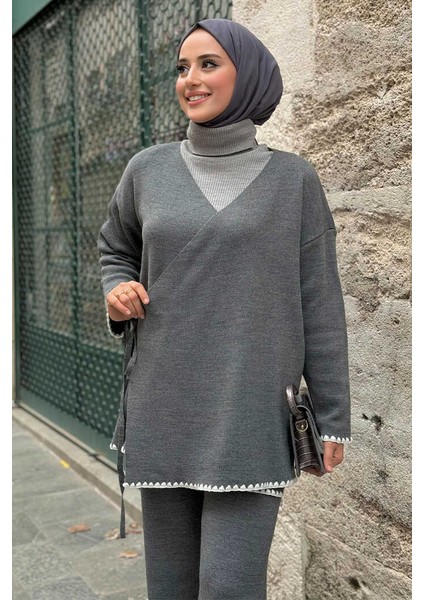 Kimono Pantolon Ikili Triko Takım 12154 Gri fırsatları