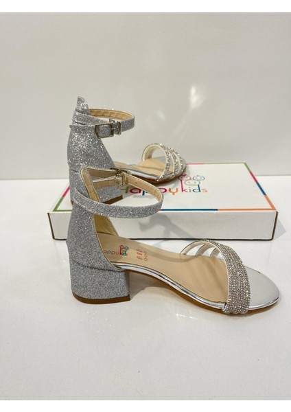 Kız Çocuk Abiye Ayakkabı Gümüş Taşlı 3 Bantlı Mezüniyet-Düğün Topuklu Kız Çocuk Abiye Ayakkabı