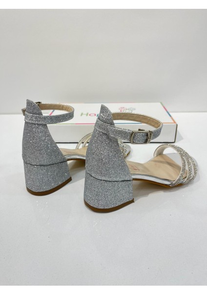 Kız Çocuk Abiye Ayakkabı Gümüş Taşlı 3 Bantlı Mezüniyet-Düğün Topuklu Kız Çocuk Abiye Ayakkabı modelleri