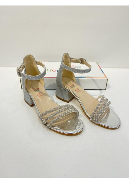 Kız Çocuk Abiye Ayakkabı Gümüş Taşlı 3 Bantlı Mezüniyet-Düğün Topuklu Kız Çocuk Abiye Ayakkabı fırsatları