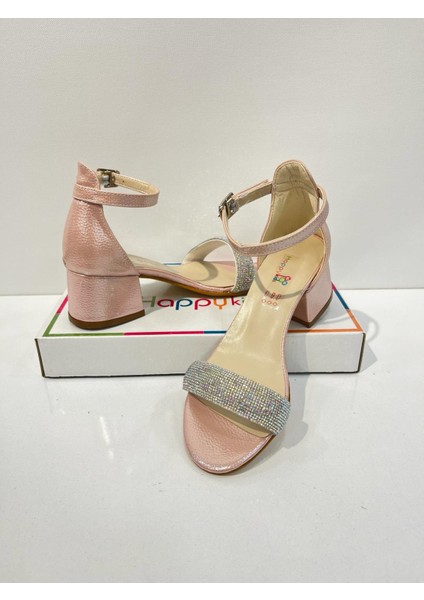 Kız Çocuk Abiye Ayakkabı Pudra Rugan Tek Bantlı Taşlı Mezüniyet-Düğün Topuklu Çocuk Abiye Ayakkabı