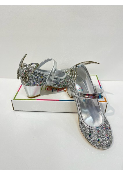 Kız Çocuk Abiye Ayakkabı Gümüş Kelebekli Pırıltılı Parti -Doğum Günü Topuklu Kız Çocuk Ayakkabı