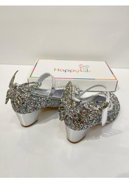Kız Çocuk Abiye Ayakkabı Gümüş Kelebekli Pırıltılı Parti -Doğum Günü Topuklu Kız Çocuk Ayakkabı fiyatları