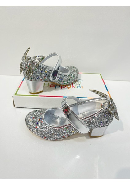 Kız Çocuk Abiye Ayakkabı Gümüş Kelebekli Pırıltılı Parti -Doğum Günü Topuklu Kız Çocuk Ayakkabı modelleri