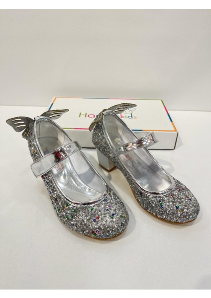 Kız Çocuk Abiye Ayakkabı Gümüş Kelebekli Pırıltılı Parti -Doğum Günü Topuklu Kız Çocuk Ayakkabı fırsatları
