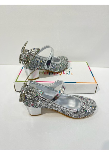Kız Çocuk Abiye Ayakkabı Gümüş Kelebekli Pırıltılı Parti -Doğum Günü Topuklu Kız Çocuk Ayakkabı indirimleri