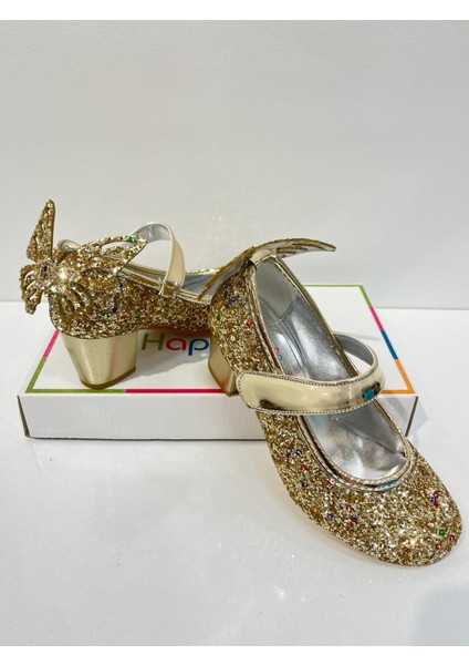 Kız Çocuk Abiye Ayakkabı Gold Kelebekli Pırıltılı Parti -Doğum Günü Topuklu Kız Çocuk Ayakkabı