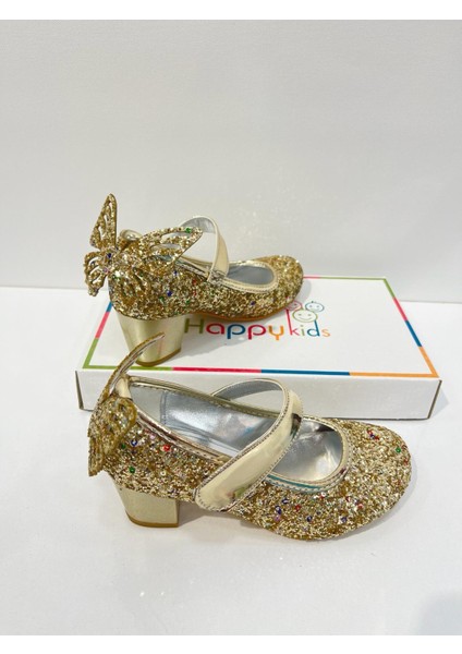 Kız Çocuk Abiye Ayakkabı Gold Kelebekli Pırıltılı Parti -Doğum Günü Topuklu Kız Çocuk Ayakkabı fiyatları