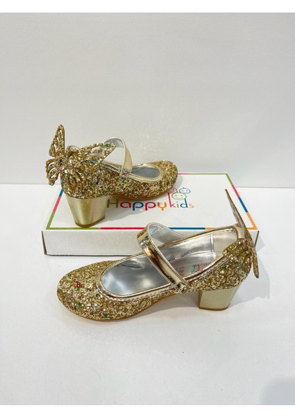 Kız Çocuk Abiye Ayakkabı Gold Kelebekli Pırıltılı Parti -Doğum Günü Topuklu Kız Çocuk Ayakkabı modelleri