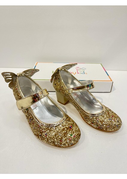Kız Çocuk Abiye Ayakkabı Gold Kelebekli Pırıltılı Parti -Doğum Günü Topuklu Kız Çocuk Ayakkabı fırsatları