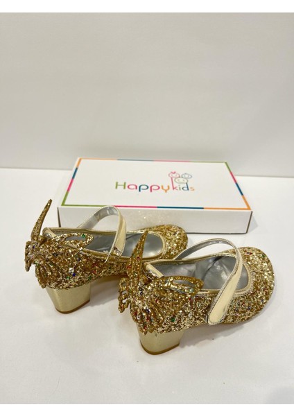 Kız Çocuk Abiye Ayakkabı Gold Kelebekli Pırıltılı Parti -Doğum Günü Topuklu Kız Çocuk Ayakkabı indirimleri