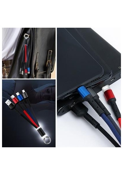 Işıklı Anahtarlık Model 3 In 1 USB Çıkışlı Mikro,type-C ve Iphone Uyumlu Şarj Kablosu
