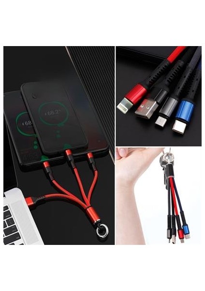 Işıklı Anahtarlık Model 3 In 1 USB Çıkışlı Mikro,type-C ve Iphone Uyumlu Şarj Kablosu