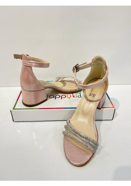 Kız Çocuk Abiye Ayakkabı Pudra Taşlı 3 Bantlı Mezüniyet-Düğün Topuklu Kız Çocuk Abiye Ayakkabı