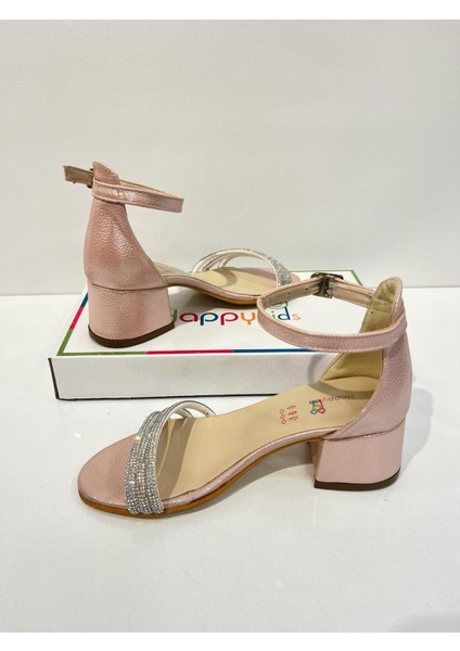 Kız Çocuk Abiye Ayakkabı Pudra Taşlı 3 Bantlı Mezüniyet-Düğün Topuklu Kız Çocuk Abiye Ayakkabı modelleri