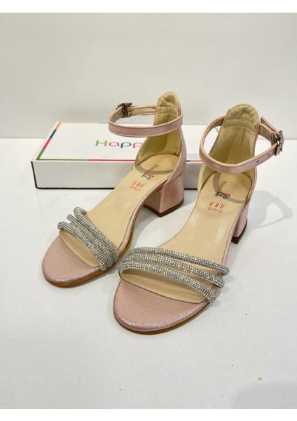 Kız Çocuk Abiye Ayakkabı Pudra Taşlı 3 Bantlı Mezüniyet-Düğün Topuklu Kız Çocuk Abiye Ayakkabı fırsatları