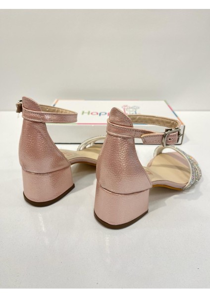 Kız Çocuk Abiye Ayakkabı Pudra Taşlı 3 Bantlı Mezüniyet-Düğün Topuklu Kız Çocuk Abiye Ayakkabı indirimleri