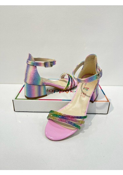 Kız Çocuk Abiye Ayakkabı Gökkuşağı Taşlı 3 Bantlı Mezüniyet-Düğün Topuklu Kız Çocuk Abiye Ayakkabı