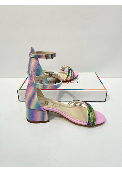 Kız Çocuk Abiye Ayakkabı Gökkuşağı Taşlı 3 Bantlı Mezüniyet-Düğün Topuklu Kız Çocuk Abiye Ayakkabı fiyatları
