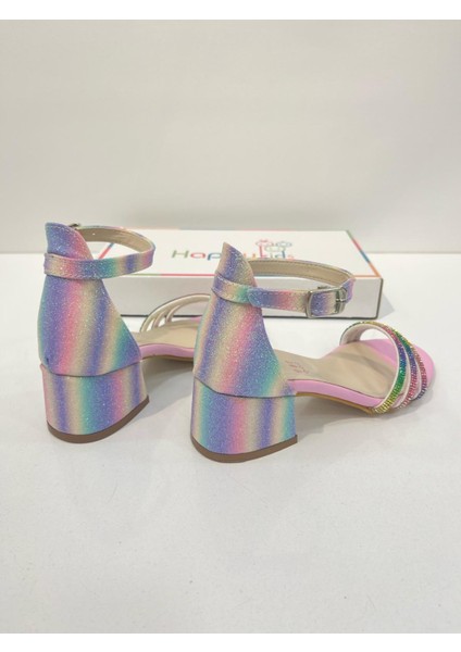 Kız Çocuk Abiye Ayakkabı Gökkuşağı Taşlı 3 Bantlı Mezüniyet-Düğün Topuklu Kız Çocuk Abiye Ayakkabı fırsatları