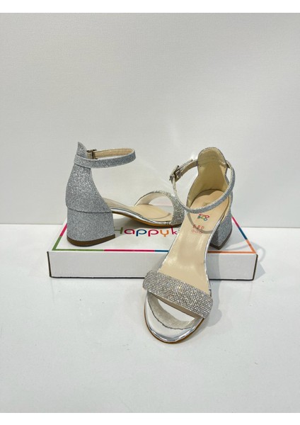 Kız Çocuk Abiye Ayakkabı Gümüş Rugan Tek Bantlı Taşlı Mezüniyet-Düğün Topuklu Çocuk Abiye Ayakkabı