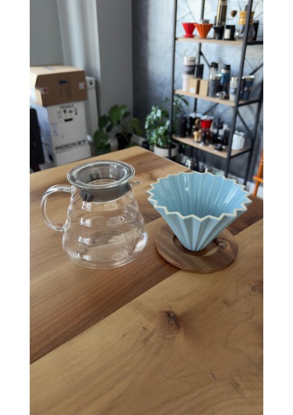 V60 Ahşap Standlı Seramik Dripper  Kahve Potu 500ML Seti