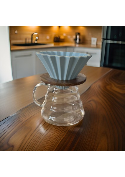 V60 Ahşap Standlı Seramik Dripper  Kahve Potu 500ML Seti