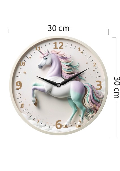 Unicorn Desenli Saat Çocuk Duvar Saati Çocuk Odası Dekoratif Duvar Saati 30CM Ahşap Akar Mekanizmalı