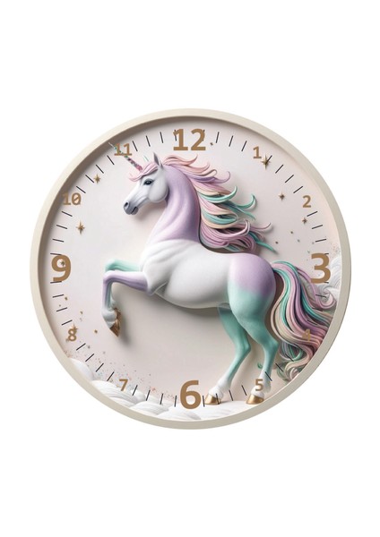 Unicorn Desenli Saat Çocuk Duvar Saati Çocuk Odası Dekoratif Duvar Saati 30CM Ahşap Akar Mekanizmalı