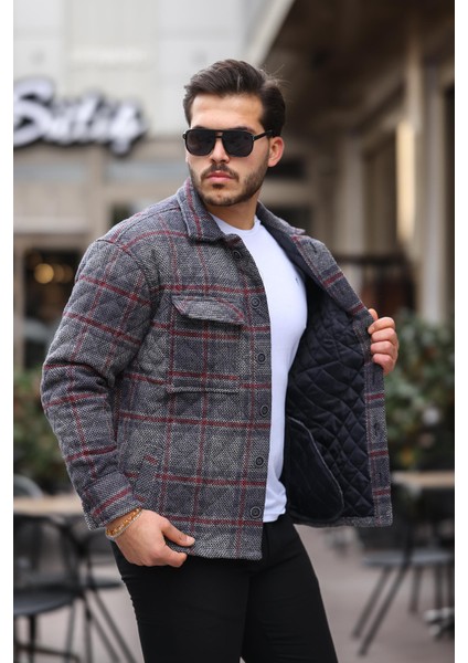 Füme Bordo Kareli Kapitone Detaylı Regular Fit CEKET-2453