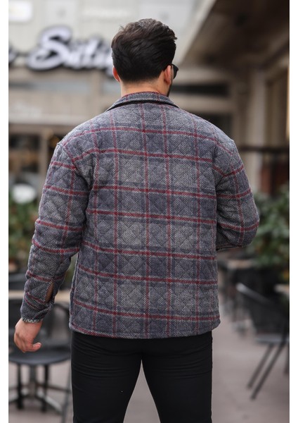 Füme Bordo Kareli Kapitone Detaylı Regular Fit CEKET-2453