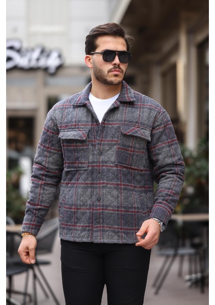 Füme Bordo Kareli Kapitone Detaylı Regular Fit CEKET-2453