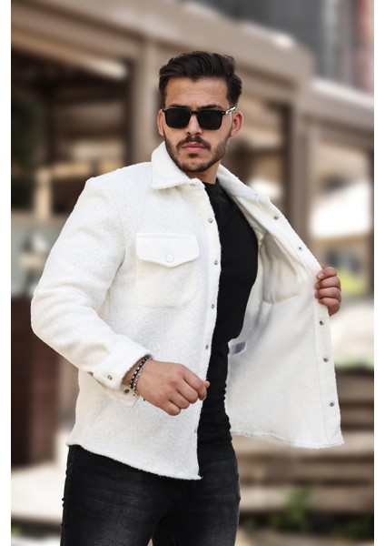 Beyaz Kıvırcık Dokulu Kumaş Gömlek Yaka Cepli Regular Fit Ceket- 2309 fiyatları