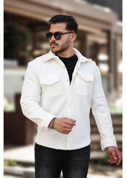 Beyaz Kıvırcık Dokulu Kumaş Gömlek Yaka Cepli Regular Fit Ceket- 2309 modelleri